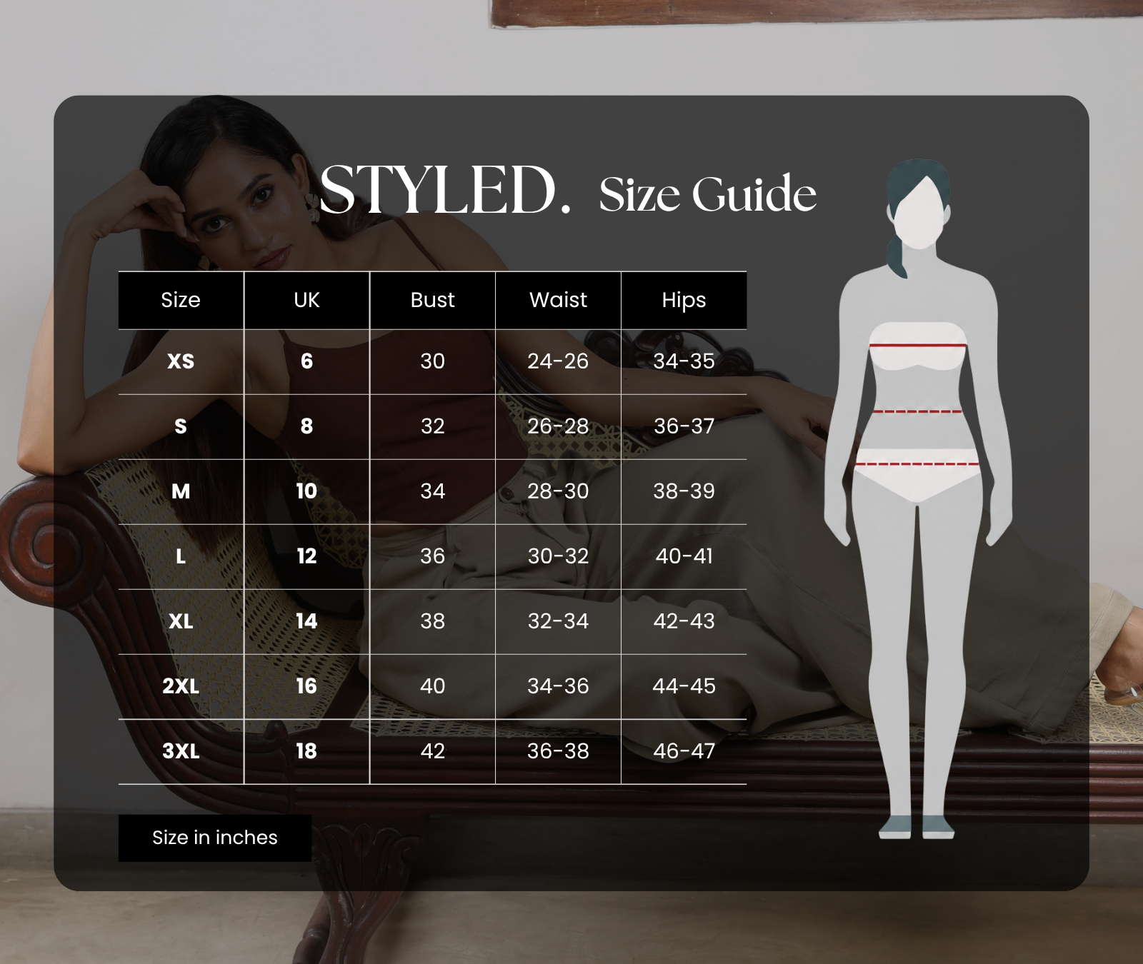 Styled size guide chart with body measurements for each size